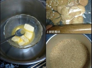 step2: 消化餅裝入密實袋，用擀面棒壓碎至粉狀，或用攪拌機攪爛。 

牛油隔熱水助融，加入消化餅内，充分混合均匀后倒入活動蛋糕模。

 將消化餅壓平整，移入雪櫃冷凍，备用