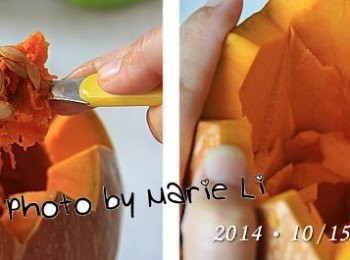 step2: 把南瓜裡面的籽和纖維取出
用湯匙刮除內璧的殘留粗糙纖維

以刀子小心地取出南瓜果肉
這步驟要多點耐心與細心
要留意別把南瓜給刺穿或切開來了

使用刀子將南瓜切到想要的厚度之後
再以湯匙刮擦南瓜內璧
將刀子切割出來的凹凸不平全給刮平