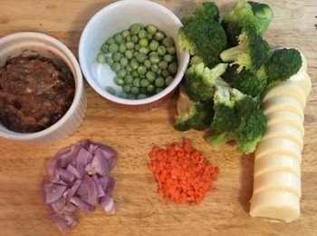 step1: 絞肉先用醃料抓勻；紅蔥頭切薄片；紅蘿蔔切細丁；雞蛋豆腐切等量大小（剛好湯匙裝的下的大小)；花椰菜洗淨切小朵，用少許鹽和橄欖油抓ㄧ抓。蔥切段後再切絲泡可飲用的水裡備用。