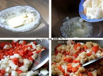 step4: 開火燒乾鍋子，取適量的奶油下鍋融化成液狀
洋蔥和蕃茄先下鍋拌炒出味
再倒進馬鈴薯和紅蘿蔔一起拌炒幾下