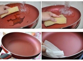 step6: 料理後的鍋子，用溫水先將醬汁沖洗，再加些少許的洗碗精輕輕的擦拭沖洗立即清潔溜溜...如何保養鍋子呢?取出2張廚房紙巾將水分擦拭乾淨，再吊起來或是平放好，這樣就好囉!沒錯!就是這麼簡單喔!