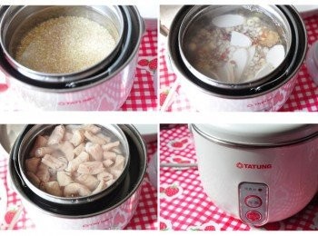 step2: 將糙米放入鍋中，接著放入四神、豬腸，最後加入米酒及水約8分滿水位，外鍋約200cc水開始燉煮至電源跳起，再加入鹽巴調味蓋鍋悶約5~10鐘即可