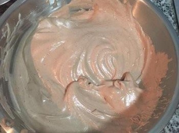 step7: 分兩次舀1/3蛋白霜進蛋黃糊中，輕輕拌勻。最後再將蛋黃糊全部倒入蛋黃霜中輕輕拌勻。拌好的蛋糕糊呈拋拋的狀況。