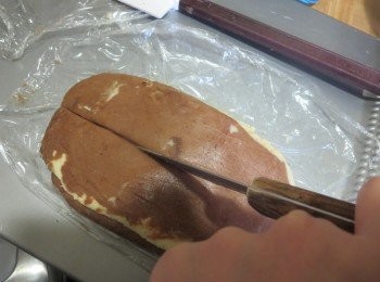 step6: 将可可面团压在原味面团上，一切为二，