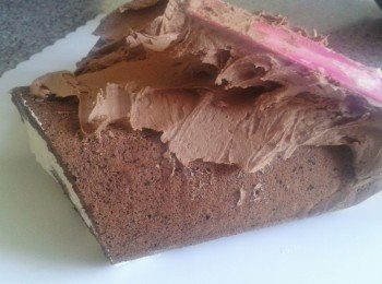 step5: 將牛油糖霜塗在瑞士卷上，再用叉刮一些樹紋