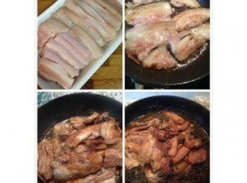 step3: 豬肉可以略冰後切薄片,或者買超市切好的五花烤肉片. 平底鍋不放油, 小火將肉片煎到兩面金黃後,下蒜末炒香, 再下<span class="group_2">調味料</span>煎上色後即可倒入梅乾菜的那鍋中略做燉煮.