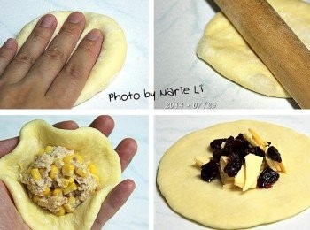 step5: 先取一份麵糰按壓並擀開來
擀開來之後會看到邊緣有一些小氣泡
那就是麵糰在鬆弛的過程中帶入空氣的原故
擀開麵糰後用手將氣泡壓出來
此動作即稱之為《排氣》‧‧‧

在擀成圓形的麵糰中間放進餡料
拉起邊緣收攏後捏合開口再揉成圓形即可