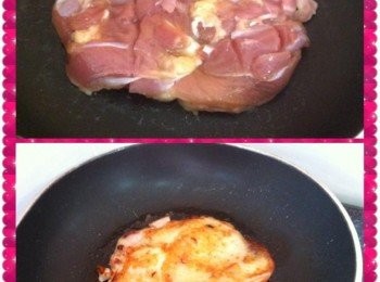 step1: 把去骨雞全腿，背部劃上3到，加入醃料A，醃製1小時。
取出平底鍋【免油】，直接把醃製好的雞腿，皮朝底部下鍋慢火煎至金黃色，至熟。