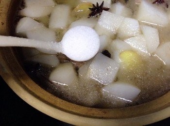 step7: 去除浮沫後加入蘿蔔，再加3勺鹽，小火燉兩小時。