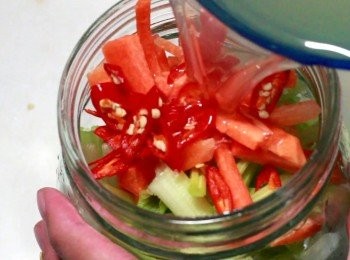step6: 練習三 什麼都可泡
<span class="group_1">食材</span> Ingredients
唐芹、西芹、紅蘿蔔、辣椒 Chinese celery, Celery, Carrot, chilli
食鹽1/4茶匙 1/4 tsp Salt
泡菜水+ 自來水灌至瓶口 Pickles juice + Tap water
習慣了浸泡的步調, 每次的操作可說是一模一樣。這一個階段, 可以試試各式各樣的蔬菜, 多做數遍, 體會原味的四川泡菜, 跳水泡菜。調味只再增加1/4茶匙。
