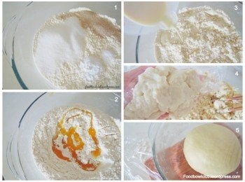 step2: ［制作面团］ 1）将面粉过筛后，混合糖，盐，苏打粉和速發酵母粉。 2）倒入溶化奶油到混合好的面粉中，再搅拌至松散即可 3）慢慢加入豆浆，拌匀。 4）加入湯種，再次混合与搓揉成面团。 5）盖上保鲜膜，让面团静置发酵大约1小时或双倍大的体积。