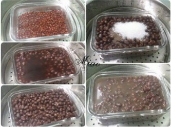 step3: 紅豆洗淨加水到容器的8分滿，蒸30分後悶30分-1小時，確認紅豆軟硬，還沒再重複蒸30分後悶30分，確認紅豆軟爛，趁紅豆溫熱加糖攪拌，再悶15分鐘，讓糖吃進紅豆