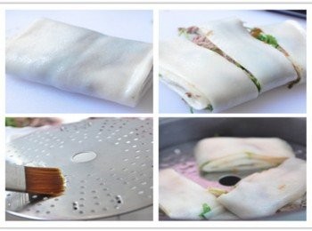 step4: 再褶成厚厚的四褶，切開3段，蒸盤塗上一層油，放入蒸盤蒸煮約7分鐘