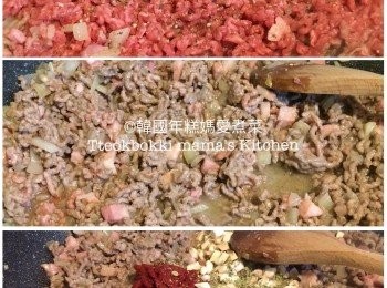 step4: 倒入免治牛油炒散至變啡色後加入蘑菇粒、oregano香草及茄膏拌勻，
