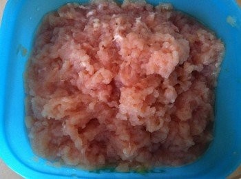 step1: 將適量鹽巴加入雞肉絞攪勻待用。