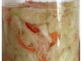 step2: 取乾淨容器有蓋子佳，放入水：白醋：糖 3:1:1加入蒜泥辣椒調味，將高麗菜和醬汁混合蓋上蓋子搖晃均勻放入冰箱至少一天以上才夠入味