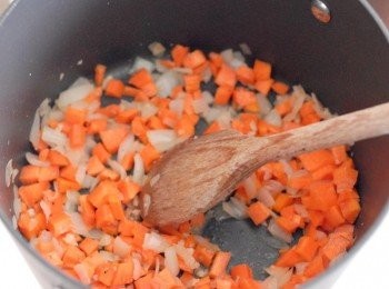 step4: 先將蒜頭切碎，紅蘿蔔及洋蔥切小塊，熱鑊後下油，煮蒜蓉、洋蔥及紅蘿蔔粒。下少許鹽及胡椒粉調味，煮約五分鐘至軟身