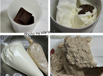 step5: 巧克力鮮奶油霜

將巧克力塊用隔水加熱方式融化
融化後趁尚未降溫前
加到打發的鮮奶油霜裡面拌勻
即成為《巧克力鮮奶油霜》

以此類推，也可做出各種口味的奶油霜

※ 拌入巧克力時，若是鮮奶油霜在冰箱冷藏過久
    或者巧克力的溫度不夠的話都會在奶油霜中形成巧克力顆粒。