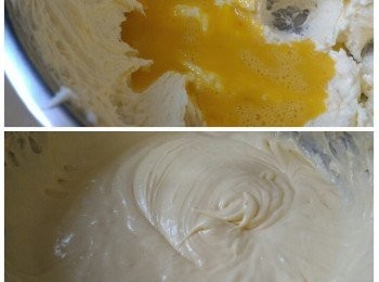 step3: 分次加入砂糖把忌廉芝士打至軟滑後再分次加入蛋液打勻。