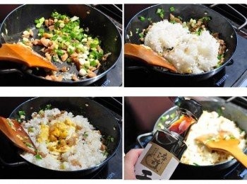 step3: 再放入菜圃與蔥花爆香，放入白米飯拌炒，然後將碎雞蛋放入鍋一起均勻拌炒，最後加入淬釀-頂級帆立貝