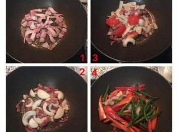 step4: 鍋內放點橄欖油將培根炒香逼出油後放入蒜頭和洋蔥拌炒，接著放入蕃茄略炒再放入紅椒及青豆並加入調味料拌炒。