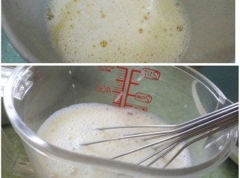 step1: 全蛋和蛋黃加糖霜打勻後加入牛奶內拌勻。
