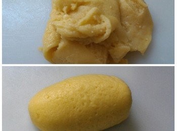 step5: 將粉漿倒入已抹油碟內用大火蒸10分鐘。(可用竹籤插入奶皇內，如沒有粉漿黏著，表示已熟透)
待奶皇稍為降温後，趁熱搓成光滑團狀。再分成所需份量備用。