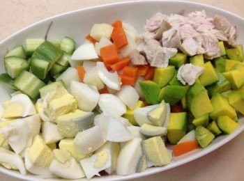 step1: 蛋、馬鈴薯、<a href="https://bit.ly/3EZL8dD" target="_blank" data-keyword="雞胸" class="guide-link"><strong>雞胸</strong></a> <span style="display:inline-block;vertical-align:middle;margin-top:-3px;color:initial;border-radius:3px;padding:2px 3px;font-size:12px;line-height:14px;background:#87d300;color:#fff;">即買</span> 肉、紅蘿蔔蒸蒸切小塊 酪梨、小黃瓜切小塊