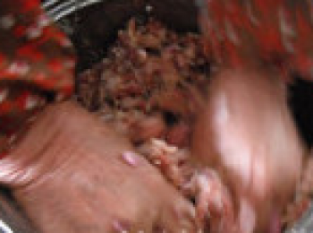 step5: 在醃好的肉裏，放入切好的紅蔥頭、味精、五香粉抓勻，慢慢加入適量的地瓜粉，使餡料成粘稠狀