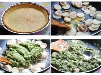 step6: 另外將現成派皮放烤箱烤至略酥黃，接著以一塊奶油將洋菇片炒香，再放入塔香茄泥拌炒悶煮，並以玉米粉水稍稍芶芡調味