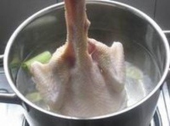 step5: 將煮好的雞撈出，立即浸入冰水中