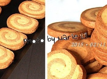 step9: 出爐的餅乾好可愛
旋渦狀的雙色紋路果真像是蝸牛背上的小窩
也像是讓人垂涎三尺的美味蛋糕捲
做法是不是一點也不難啊！！  ^皿^

※我一共做了 27片《雙色耳朵餅》。