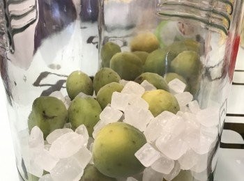 step3: 把已拮孔梅子、冰糖一層一層放入瓶內，再加入酒。
封好瓶口後放在陰涼處，大約釀半年左右便可享用。
*切記瓶子需要預先用熱水洗淨吹乾。
*梅子一定要用廚房紙巾吸到全乾。