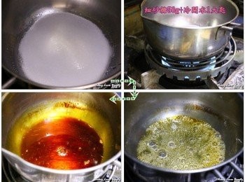 step1: 在鍋內放入細砂糖，冷開水之後，以中小火加熱(不需攪拌) 待糖水轉變成黃色時改用小火，用小火煮到糖水呈棕紅色時關火 之後再倒入１大悶的熱開水，小心的搖晃鍋身，使其均勻混合即可 （加熱開水時務必小心，因為糖漿的溫度很高！）