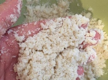 step4: 中筋麵粉篩好，加入燕麥、鹽、初榨椰子油及龍舌蘭糖漿搓成麵包糠狀態。