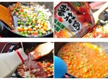 step4: 再將培根與洋蔥末炒香，加入青蔬丁拌炒後，加入香濃的【可果美蕃茄鍋高湯】，再加入鮮奶一起滾煮，最後加入少許的玉米粉水拌勻滾煮至微微濃稠的芡汁即可