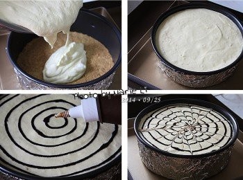 step7: 將調好的麵糊倒進已鋪有餅乾底的蛋糕模中
這樣的份量會恰好是《八吋圓形分離模》的九分滿
然後用刮刀將表面抹平
蛋糕模整個拿起來輕叩桌面將裡面的氣泡震散。

用《咖啡巧克力漿》在表面畫上幾個圈
拿牙籤由外向裡、或由裡向外畫過去
就會出現一些美麗的線條與紋路來了
這次因為頻頻挖到柚子果肉與柚子皮
結果紋路一整個不聽話地歪歪斜斜
形成了亂中有序的美感~