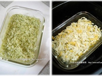 step4: 4 接到倒入耐熱皿中，上面鋪上一層起士絲。5 氣炸 180度5分鐘即可