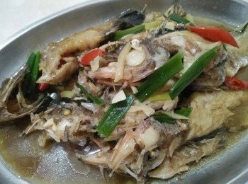 step5: 若玳瑁石斑【澎湖野生水產】熟了，最後放入青蔥和辣椒再悶鍋蓋約3分鐘後，即可起鍋盛盤上桌享用澎湖人進補的首選-紅燒玳瑁石斑【澎湖野生水產】。