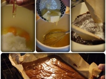 step3: 循序加入混合(雞蛋、白糖與(調味酒)→稍微微波後的奶油→溶化完成巧克力醬及麵粉→倒入烘盤送入烤箱烘培200度30分鐘)。