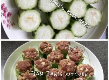 step2: 絲瓜去皮切圓形，拍上少許生粉釀上豬肉，中火蒸5分鐘，小心將蒸完的水倒出加入生粉煮熱打獻即成，要點鹹味的可於獻汁中加入醬油同煮。
熟。