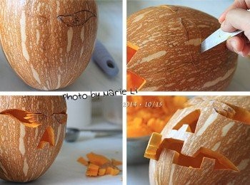 step3: 用鉛筆描繪出南瓜燈的五官
再沿著線條小心謹慎地刻出眼、鼻、口

看著一個個五官慢慢形成
其實是非常有成就感的一件事
非常的有趣、好玩呢~

※建議用鉛筆描繪，用原子筆過於明顯且不易擦拭。