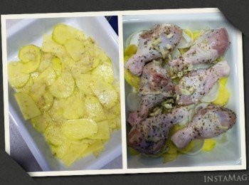 step3: 焗爐預熱 200度。
薯仔片舖在焗盤上，薯仔面放上雞槌，所剩下的<span class="group_3"> 雞槌醃料 </span> ，洋蔥及檸檬皮一併淋上面。
先焗 15分鐘，再反轉雞槌再焗15分鐘，雞皮金黃色脆面已可。