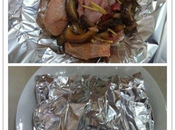 step2: 將所以<span class="group_1">食材</span>，食水半碗混合~然後取出錫箔紙把混合好的雞和香菇包好《沒有錫箔紙直接放在碟子也可以》