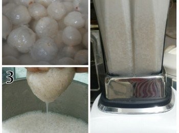 step1: 荔枝去殼浸淡鹽水5分鐘後篩隔鹽水再去核(去核後632g)然後加水用攪拌機打成汁再倒入鍋內。**需用煲湯魚袋(過濾隔渣袋)隔渣