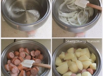 step2: 加入食油進小電鍋，扭到3度，加熱至出油紋。加入洋蔥炒出香味，再加入腸仔炒香，便加入薯仔略炒。