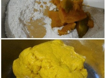 step4: 把中筋粉，鹽，砂糖放置在大碗內 , 加入已成泡沬的酵母水，再逐少加南瓜肉搓成團(每種南瓜含水量都不同，要留意是否酌量多加或減少南瓜的份量)，最後加入菜油搓勻。