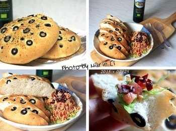 step7: 這次，我做了簡單的沙拉來搭配佛卡夏麵包

《沙拉》<span class="group_1">食材</span>：

生菜：         適量
蕃茄：         適量
蔓越莓乾：     適量
千島沙拉醬：   適量
熟白芝麻：     少許

佛卡夏切片，將少許沙拉放麵包上
一大口給它咬下去
香氣十足的麵包加上微酸微甜的沙拉
頂級的橄欖油帶來頂級的美味享受
真得好香好好吃呢~