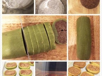 step2: (綠茶咖啡曲奇)

1. 低筋麵粉、木薯粉、泡打粉、糖及拌勻。
2. 分開兩份，一份加入綠茶粉；一份加入即溶咖啡粉。
3. 椰子油、燕麥奶及香草精油的份量分成兩份，分別加入及拌勻。
4. 搓揉成粉團，綠茶粉團拿擀麵棍擀平，咖啡粉團搓成長圓柱體，用綠茶粉團包裹咖啡粉團。
5. 放進冰箱冷藏20分鐘。預熱烤箱180度。
6. 取出曲奇，切掉頭尾，然後切件，每件厚約0.5.厘米。
7. 烤箱180度烘焙15分鐘即可。