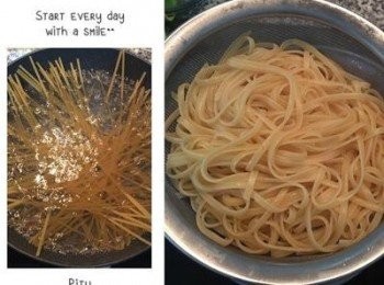 step3: 滾水下2-3茶匙的鹽，將義大利麵煮到自己喜歡的軟硬度後，瀝掉水份，撒點橄欖油混勻防沾黏。